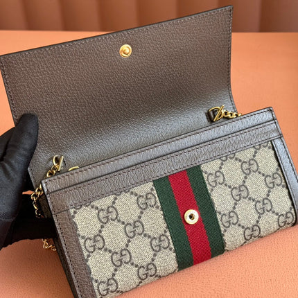 OPHIDIA WALLET ON GOLD CHAIN 19 IN BEIGE AND DARK BROWN CANVAS AND BROWN CALFSKIN