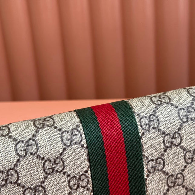 OPHIDIA WALLET ON GOLD CHAIN 19 IN BEIGE AND DARK BROWN CANVAS AND BROWN CALFSKIN