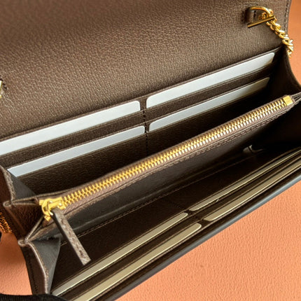 OPHIDIA WALLET ON GOLD CHAIN 19 IN BEIGE AND DARK BROWN CANVAS AND BROWN CALFSKIN