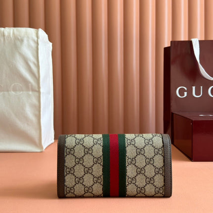 OPHIDIA WALLET ON GOLD CHAIN 19 IN BEIGE AND DARK BROWN CANVAS AND BROWN CALFSKIN