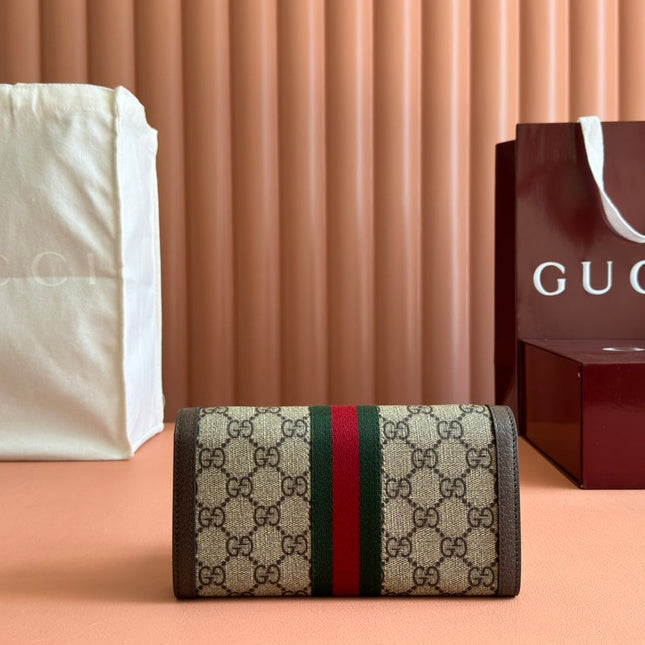 OPHIDIA WALLET ON GOLD CHAIN 19 IN BEIGE AND DARK BROWN CANVAS AND BROWN CALFSKIN