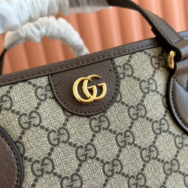 OPHIDIA MEDIUM TOTE BAG 38.5 BEIGE CANVAS AND BROWN CALFSKIN