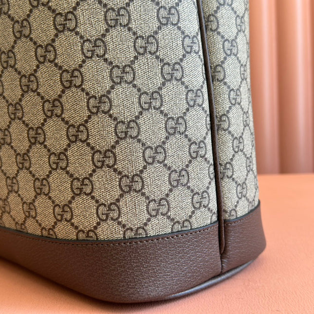 OPHIDIA MEDIUM TOTE BAG 38.5 BEIGE CANVAS AND BROWN CALFSKIN