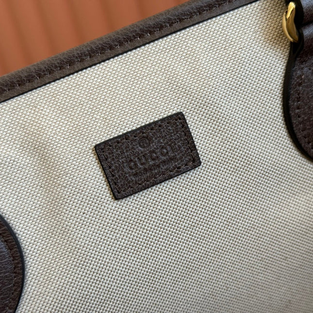 OPHIDIA MEDIUM TOTE BAG 38.5 BEIGE CANVAS AND BROWN CALFSKIN