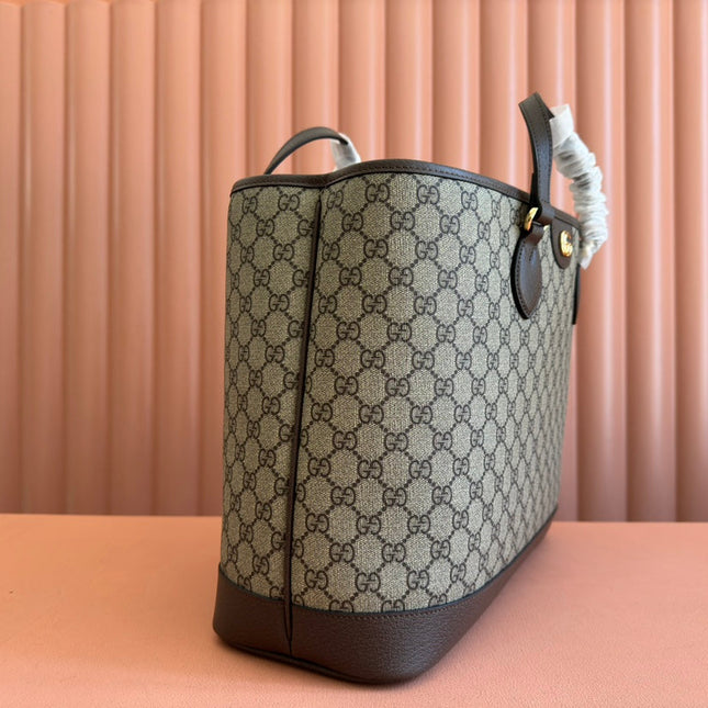 OPHIDIA MEDIUM TOTE BAG 38.5 BEIGE CANVAS AND BROWN CALFSKIN