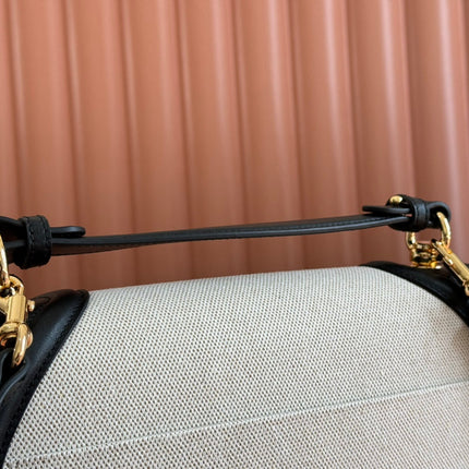 BLONDIE LARGE TOP HANDLE BAG 32 IN NATURAL COTTON LINEN CANVAS BLACK CALFSKIN