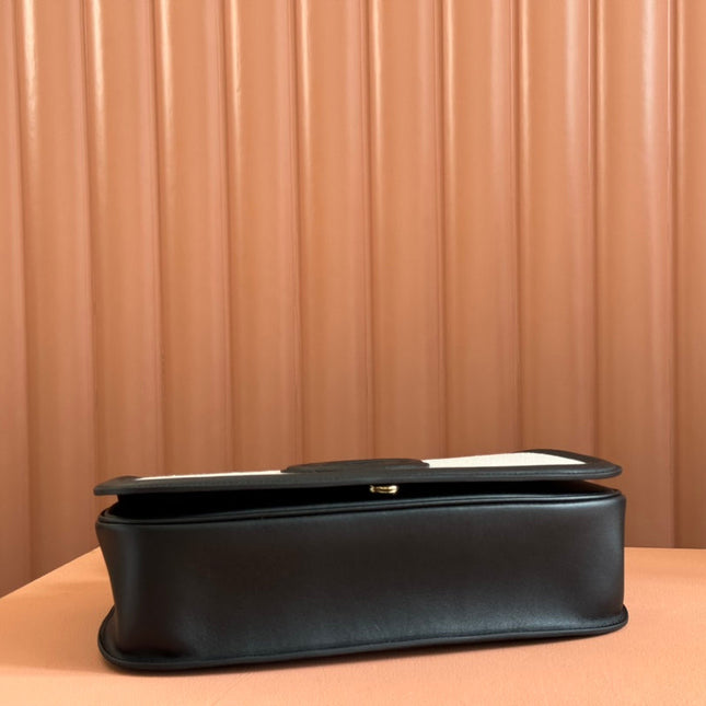 BLONDIE LARGE TOP HANDLE BAG 32 IN NATURAL COTTON LINEN CANVAS BLACK CALFSKIN