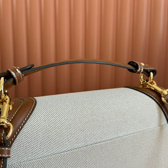 BLONDIE LARGE TOP HANDLE BAG 32 IN NATURAL COTTON LINEN CANVAS BROWN CALFSKIN