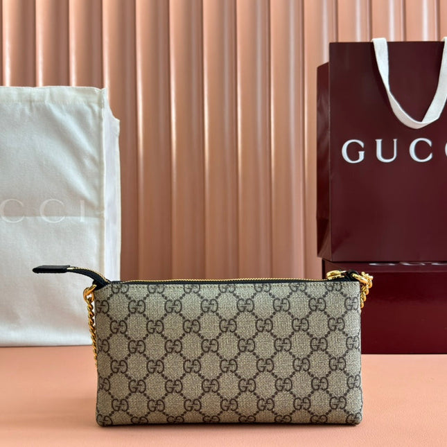 RUBBER EFFECT SMALL WALLET ON CHAIN 22.5 IN BEIGE AND DARK BROWN GG CALFSKIN