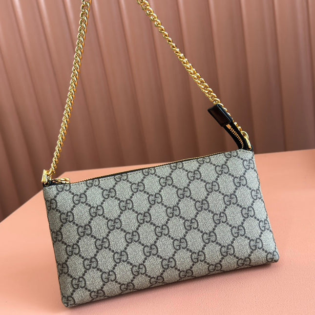 RUBBER EFFECT SMALL WALLET ON CHAIN 22.5 IN BEIGE AND DARK BROWN GG CALFSKIN