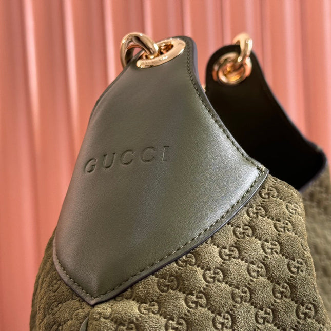 B LARGE SHOULDER BAG 49 IN ARMY GREEN GG EMBOSSED SUEDE