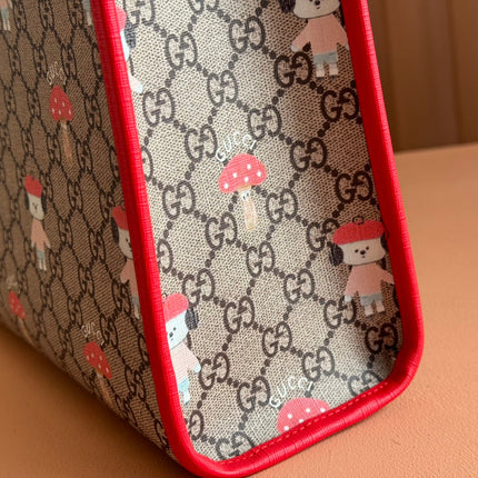 CHILDREN'S PRINTED DOG TOTE BAG 28.5 IN BEIGE AND DARK BROWN GG CANVAS RED TRIM