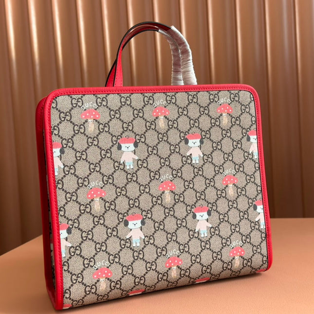 CHILDREN'S PRINTED DOG TOTE BAG 28.5 IN BEIGE AND DARK BROWN GG CANVAS RED TRIM