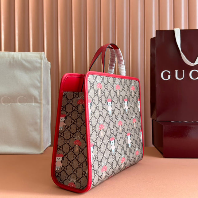 CHILDREN'S PRINTED DOG TOTE BAG 28.5 IN BEIGE AND DARK BROWN GG CANVAS RED TRIM