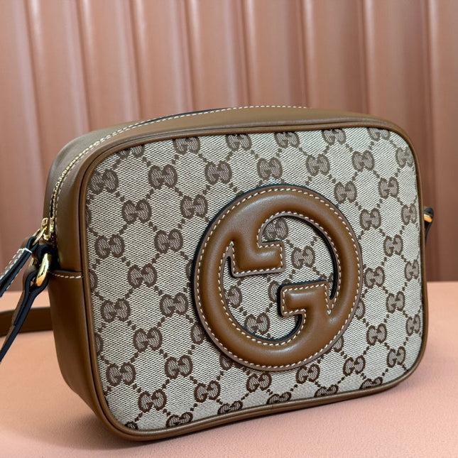 BLONDIE SMALL SHOULDER BAG 21 IN BEIGE AND DARK BROWN CANVAS BROWN CALFSKIN