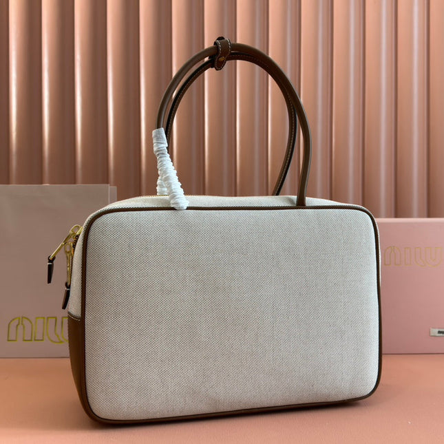BEAU TOP HANDLE BAG 34 IN WHITE CANVAS AND WALNUT BROWN CALFSKIN TRIM