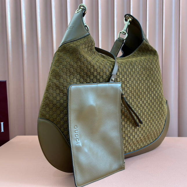 B LARGE SHOULDER BAG 49 IN SEAWEED GREEN GG EMBOSSED SUEDE