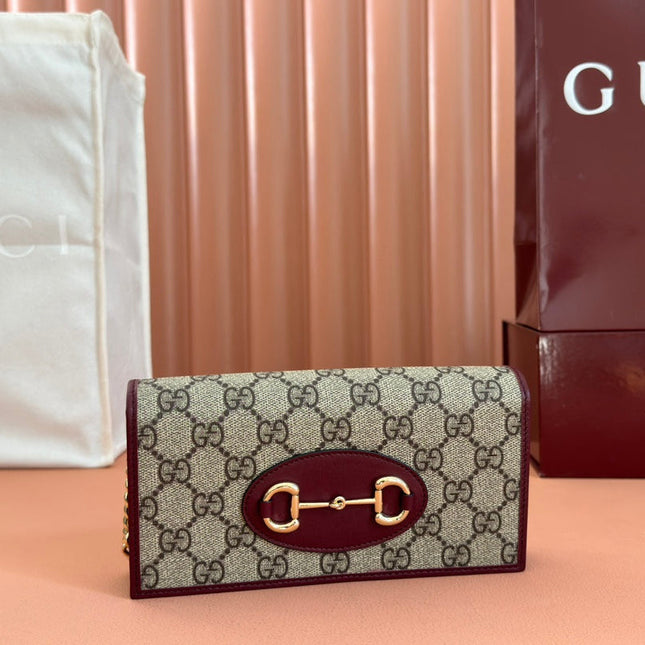 HORSEBIT 1955 WALLET ON CHAIN 19 IN BEIGE DARK BROWN NEW GG AND ROSSO ANCORA RED CALFSKIN