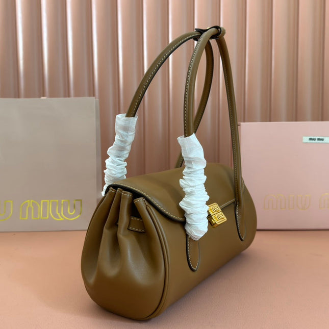 BEAU TOP HANDLE BAG 28 IN CHOCOLATE BROWN GLOSSY CALFSKIN GOLD HARDWARE