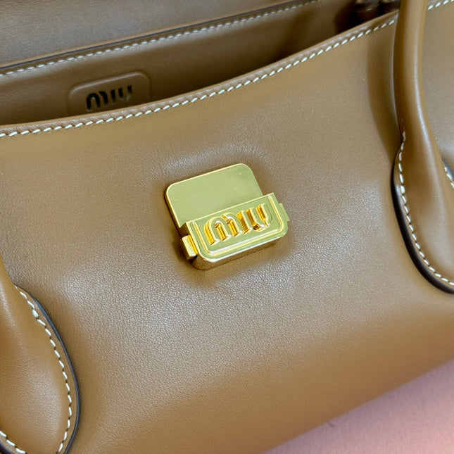 BEAU TOP HANDLE BAG 28 IN CHOCOLATE BROWN GLOSSY CALFSKIN GOLD HARDWARE