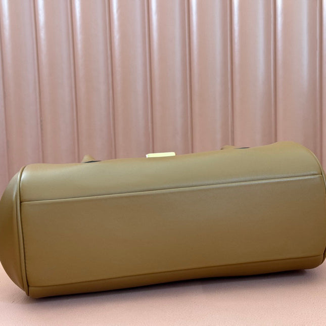 BEAU TOP HANDLE BAG 28 IN CHOCOLATE BROWN GLOSSY CALFSKIN GOLD HARDWARE