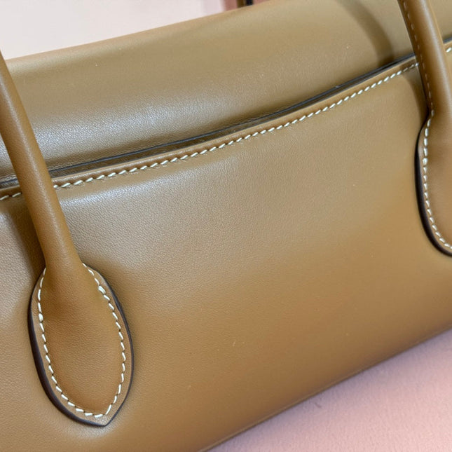 BEAU TOP HANDLE BAG 28 IN CHOCOLATE BROWN GLOSSY CALFSKIN GOLD HARDWARE