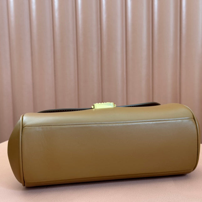 CHAIN SHOULDER BAG 24 IN PEANUT BROWN PATENT SMOOTH CALFSKIN