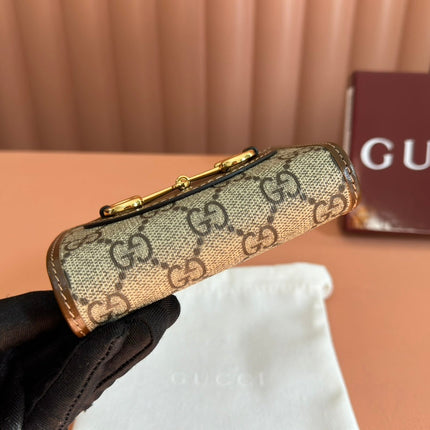 HORSEBIT 1955 CARD CASE WALLET 11.5 IN BEIGE EBONY GG CANVAS BROWN CALFSKIN