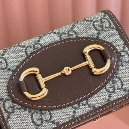 HORSEBIT 1955 CARD CASE WALLET 11.5 IN BEIGE EBONY GG CANVAS BROWN CALFSKIN