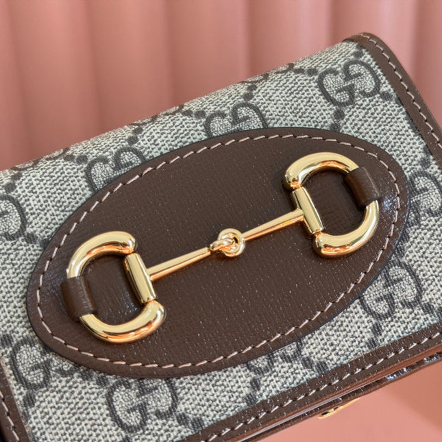 HORSEBIT 1955 CARD CASE WALLET 11.5 IN BEIGE EBONY GG CANVAS BROWN CALFSKIN