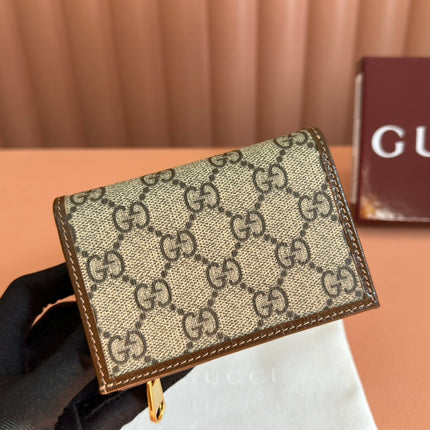 HORSEBIT 1955 CARD CASE WALLET 11.5 IN BEIGE EBONY GG CANVAS BROWN CALFSKIN