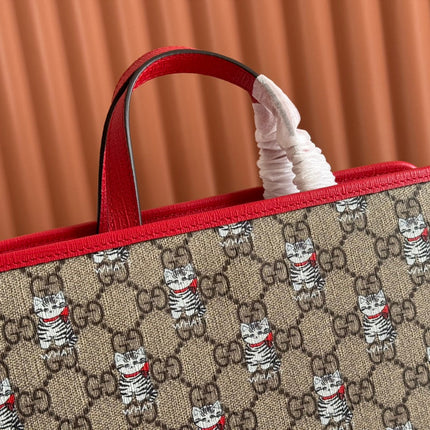 CHILDREN'S PRINTED CAT TOTE BAG 28.5 IN BEIGE AND DARK BROWN GG CANVAS RED TRIM