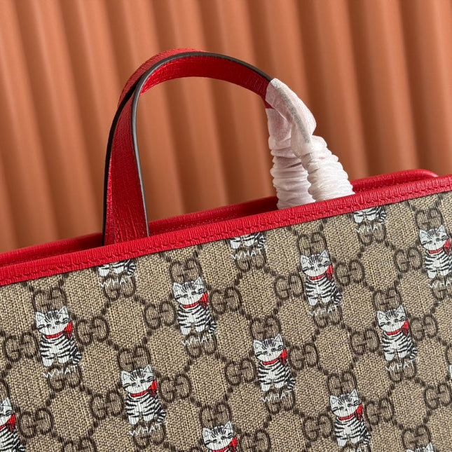 CHILDREN'S PRINTED CAT TOTE BAG 28.5 IN BEIGE AND DARK BROWN GG CANVAS RED TRIM