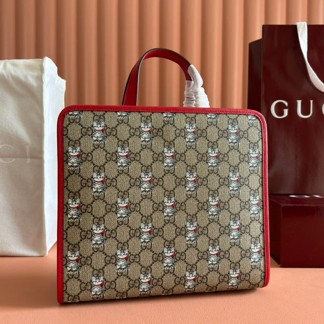 CHILDREN'S PRINTED CAT TOTE BAG 28.5 IN BEIGE AND DARK BROWN GG CANVAS RED TRIM