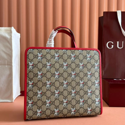 CHILDREN'S PRINTED CAT TOTE BAG 28.5 IN BEIGE AND DARK BROWN GG CANVAS RED TRIM