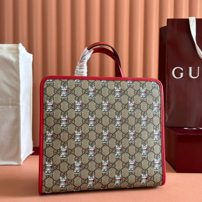 CHILDREN'S PRINTED CAT TOTE BAG 28.5 IN BEIGE AND DARK BROWN GG CANVAS RED TRIM