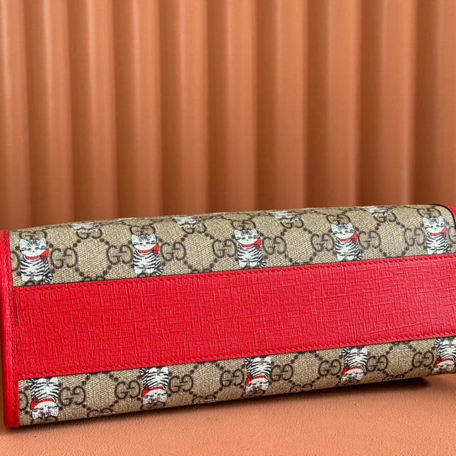 CHILDREN'S PRINTED CAT TOTE BAG 28.5 IN BEIGE AND DARK BROWN GG CANVAS RED TRIM