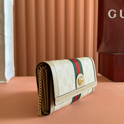 OPHIDIA WALLET ON GOLD CHAIN 19 IN LIGHT BEIGE GG CANVAS AND LIGHT BROWN CALFSKIN