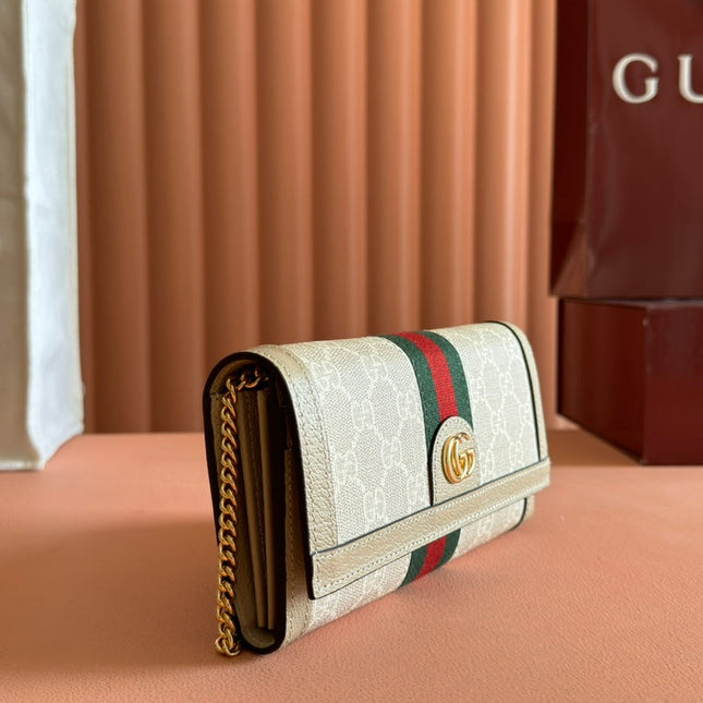 OPHIDIA WALLET ON GOLD CHAIN 19 IN LIGHT BEIGE GG CANVAS AND LIGHT BROWN CALFSKIN