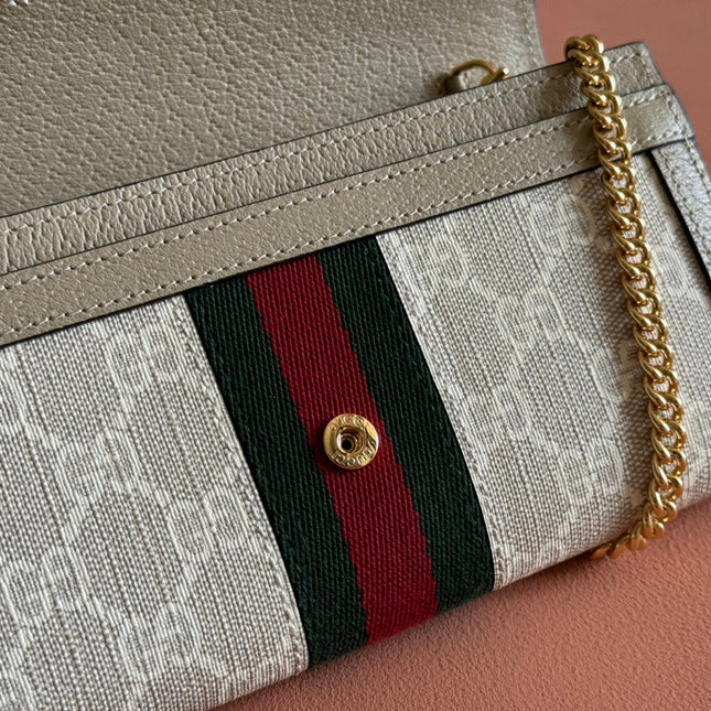 OPHIDIA WALLET ON GOLD CHAIN 19 IN LIGHT BEIGE GG CANVAS AND LIGHT BROWN CALFSKIN