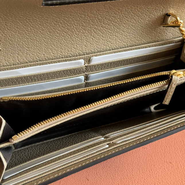 OPHIDIA WALLET ON GOLD CHAIN 19 IN LIGHT BEIGE GG CANVAS AND LIGHT BROWN CALFSKIN