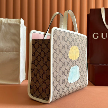 CHILDREN'S PRINTED BIG CAT TOTE BAG 28.5 IN BEIGE AND DARK BROWN GG CANVAS WHITE TRIM