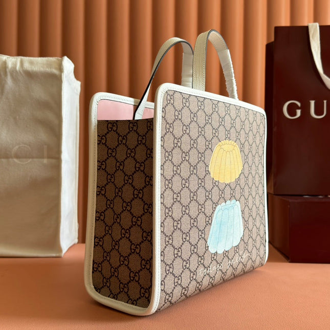 CHILDREN'S PRINTED BIG CAT TOTE BAG 28.5 IN BEIGE AND DARK BROWN GG CANVAS WHITE TRIM