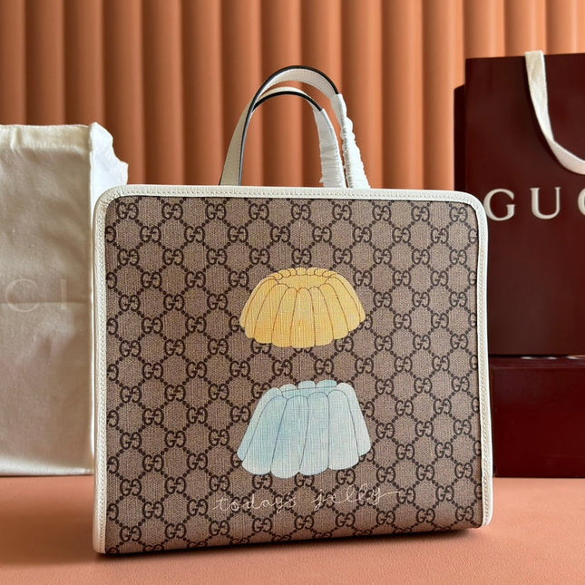 CHILDREN'S PRINTED BIG CAT TOTE BAG 28.5 IN BEIGE AND DARK BROWN GG CANVAS WHITE TRIM