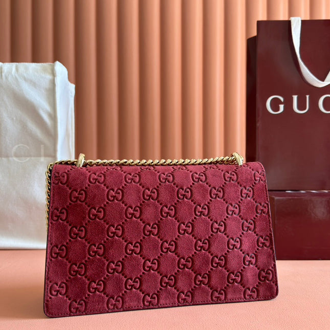 DIONYSUS MEDIUM SHOULDER BAG 27.5 IN ROSSO ANCORA RED GG SUEDE