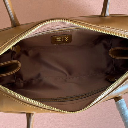 BEAU TOP HANDLE BAG 29 IN TAWNY BROWN GLOSSY CALFSKIN