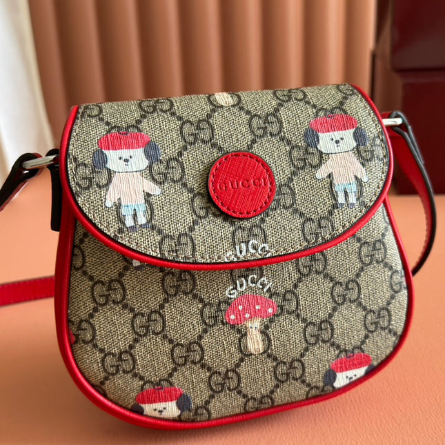 CHILDREN'S PRINTED GG SHOULDER BAG IN BEIGE AND DARK BROWN GG CANVAS RED TRIM