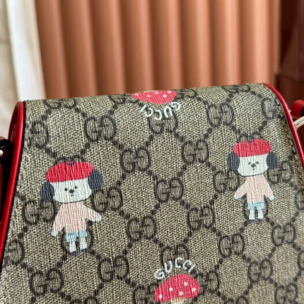 CHILDREN'S PRINTED GG SHOULDER BAG IN BEIGE AND DARK BROWN GG CANVAS RED TRIM
