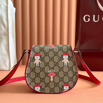 CHILDREN'S PRINTED GG SHOULDER BAG IN BEIGE AND DARK BROWN GG CANVAS RED TRIM