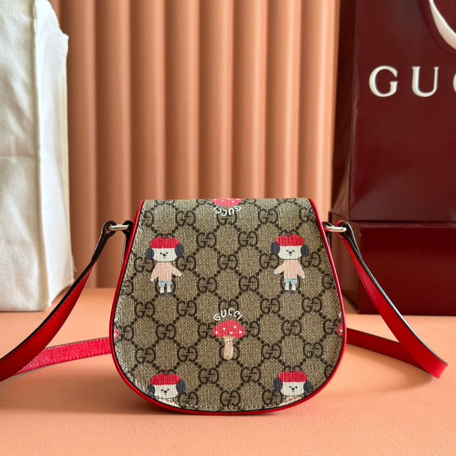 CHILDREN'S PRINTED GG SHOULDER BAG IN BEIGE AND DARK BROWN GG CANVAS RED TRIM